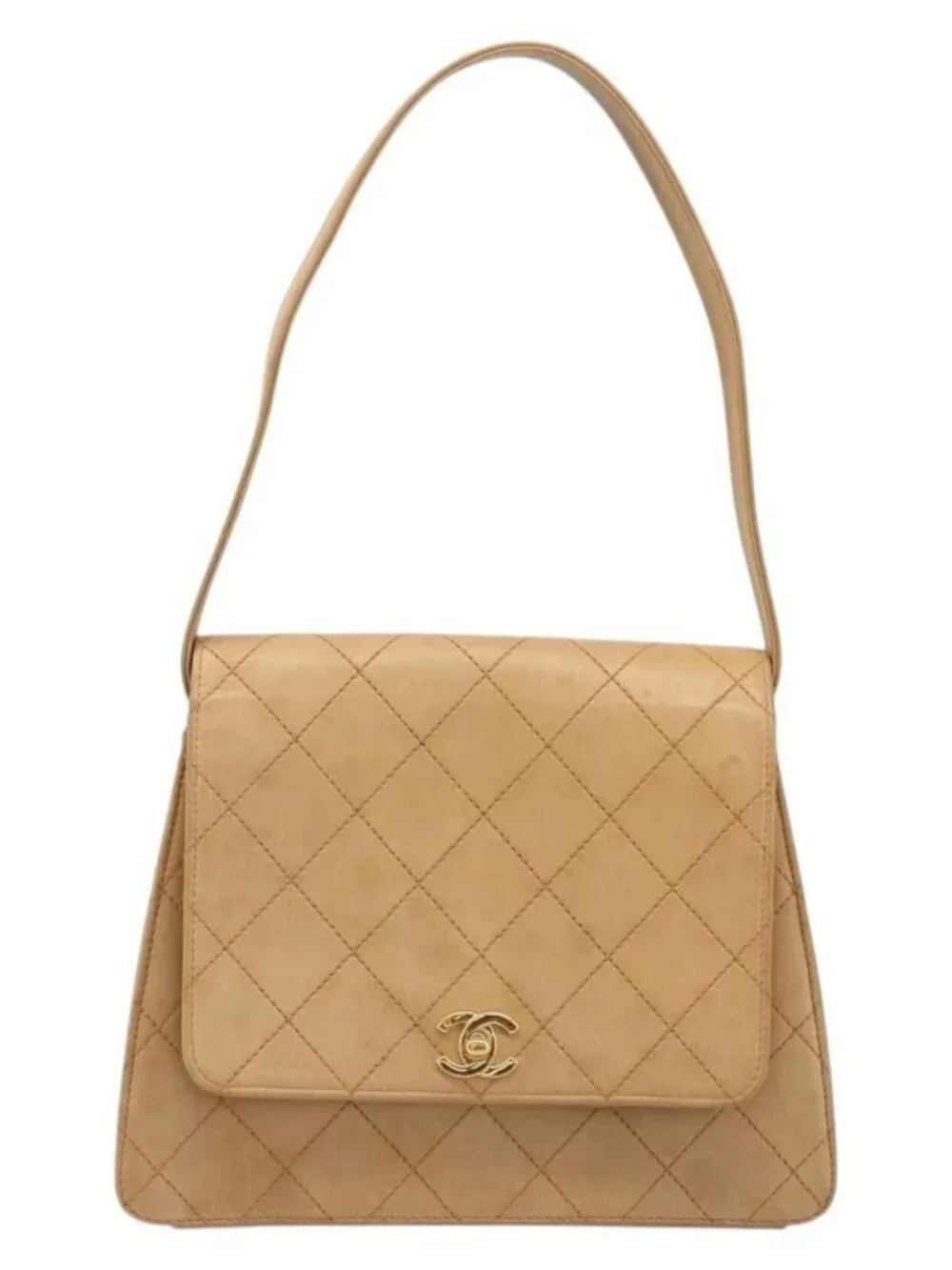 CHANEL Matelasse Shoulder Bag Lamb Skin Beige Gold CC Auth 187187